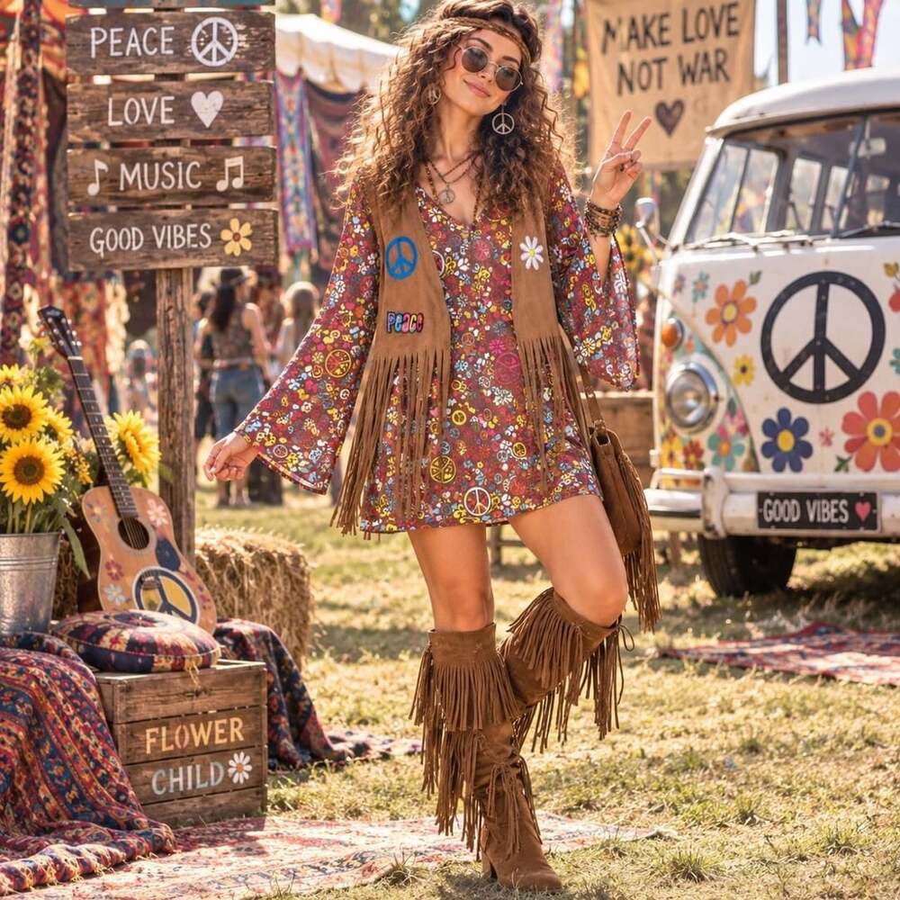 60s/70s Inspired Hippie Peace & Love Mini Dress